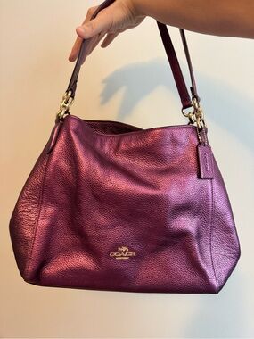 Coach Hallie Pebble Leather Shoulder Bag Metallic Berry F80271 Hobo unicorn 🦄